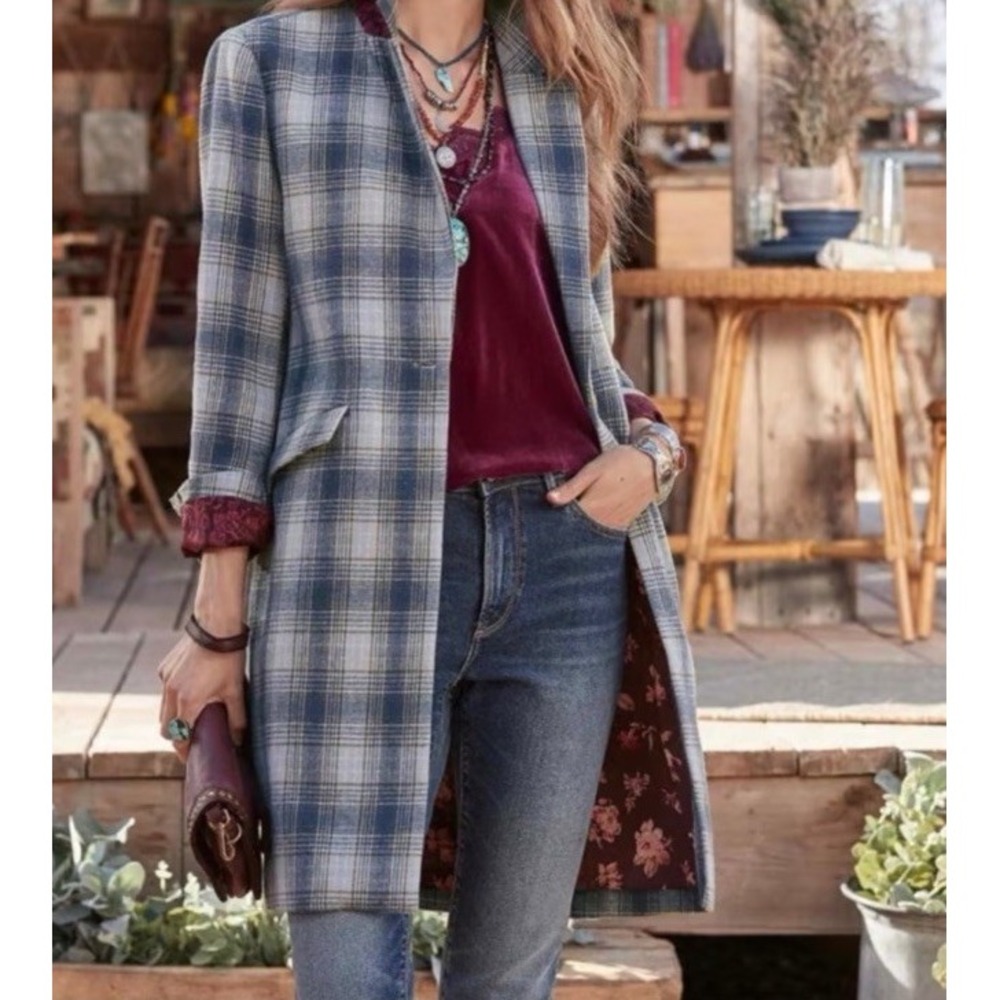 Sundance ANNIE Fall Plaid LONG Jacket Womens Small Wool Blend Lightweight Blue - Picture 12 of 12